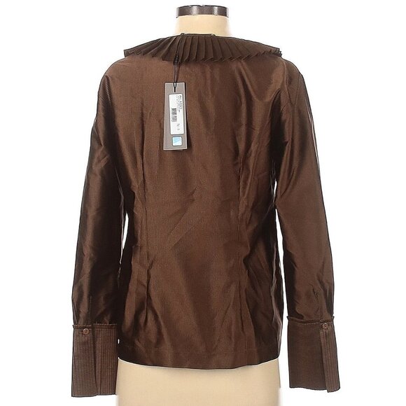 NWT D. Exterior Copper Brown Satin Edwardian Pleated Collar Button Down Shirt - Picture 2 of 14
